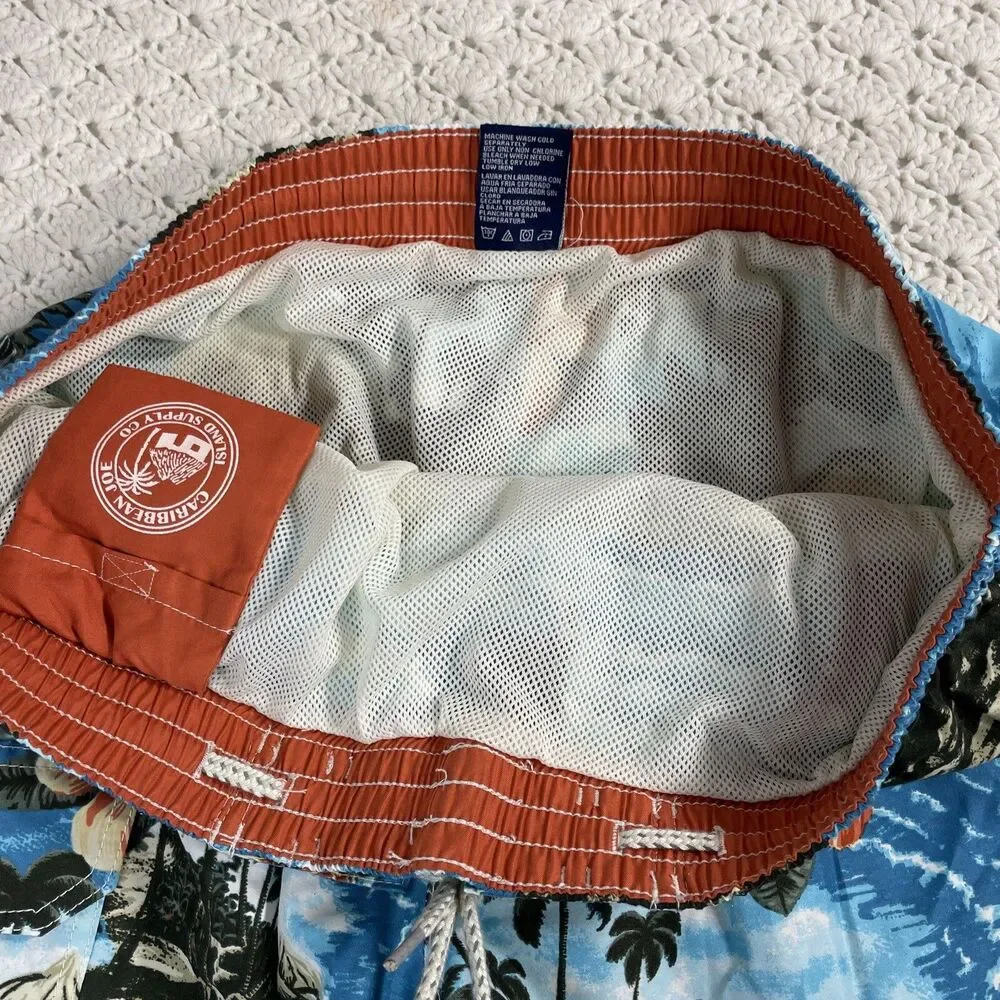 Caribbean Swim Trunks Mens L Mesh Lined Bathing Board Shorts Tropical Palm Trees
